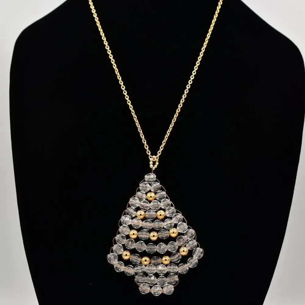 Vintage Beaded Christmas Tree Pendant Necklace Lucite Beaded Clear 1990s BinBD
